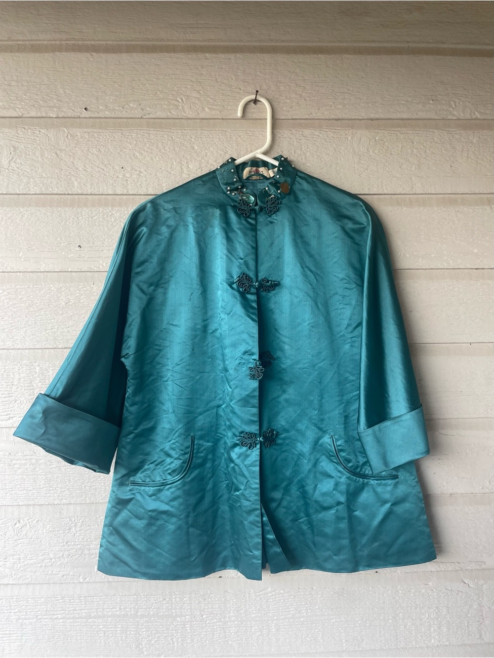 Neiman Marcus Dynasty Blue Solid Jacket Size 14 Button Front Beaded Collar